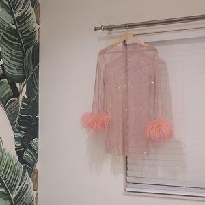 MARAYA Rhinestone Mesh Long Sleeve Mini Dress Pink Coachella Festival Feather